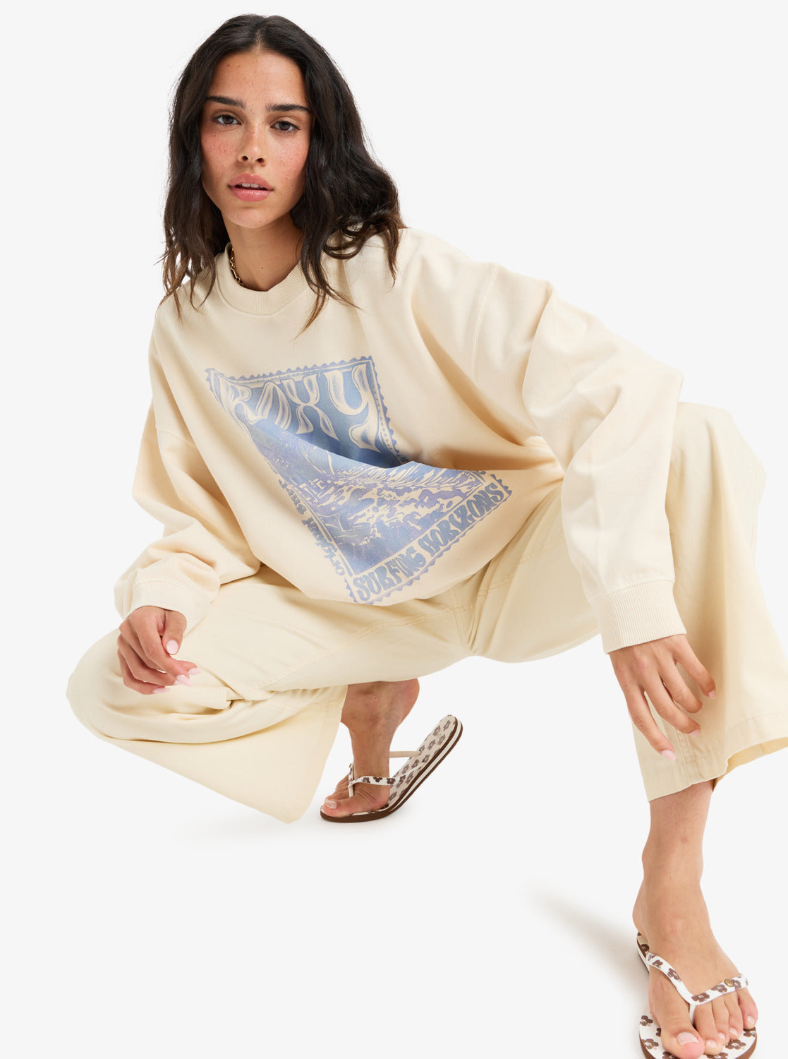  ROXY LINEUP TERRY OVERSIZED CREW NECK SWEATSHIRT PARCHMENT